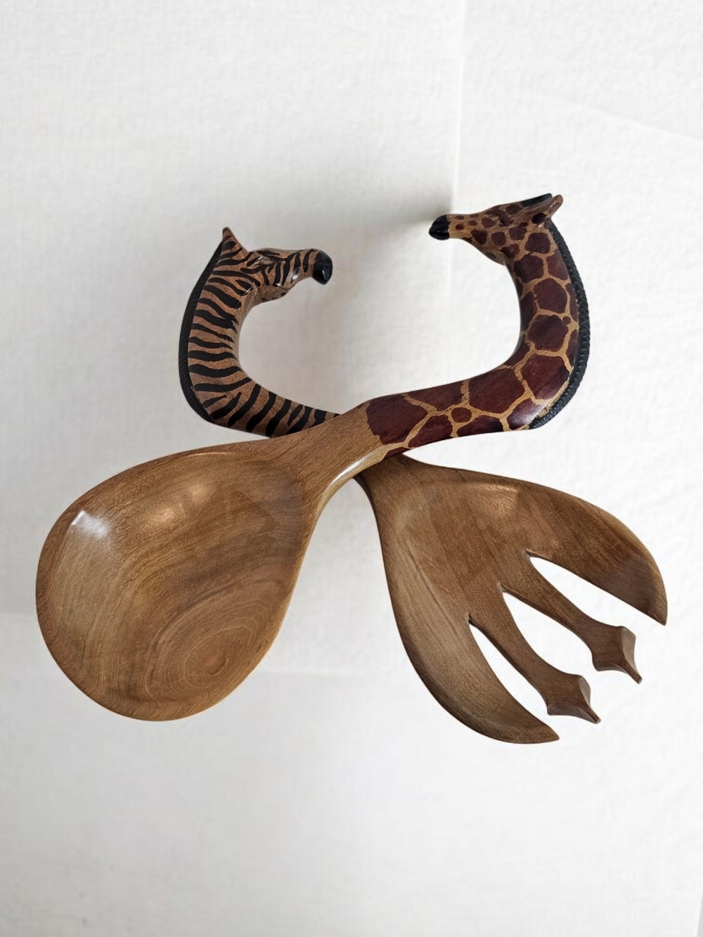 Hand Carved African Wood Salad Servers Giraffe Zebra Teak Utensil Set